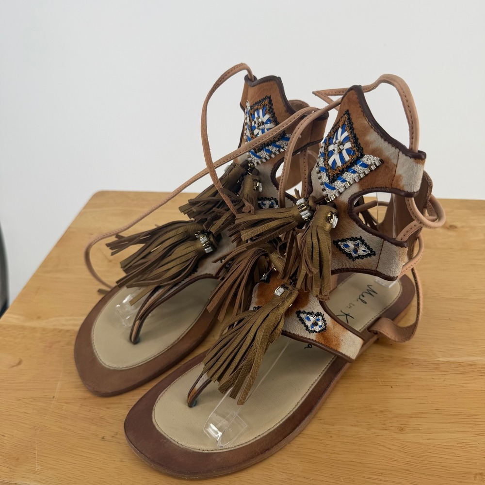 Meher Kakalia Clio Tassel Sandals 40 Khaki Leather Tassel Beaded Boho Gladiator